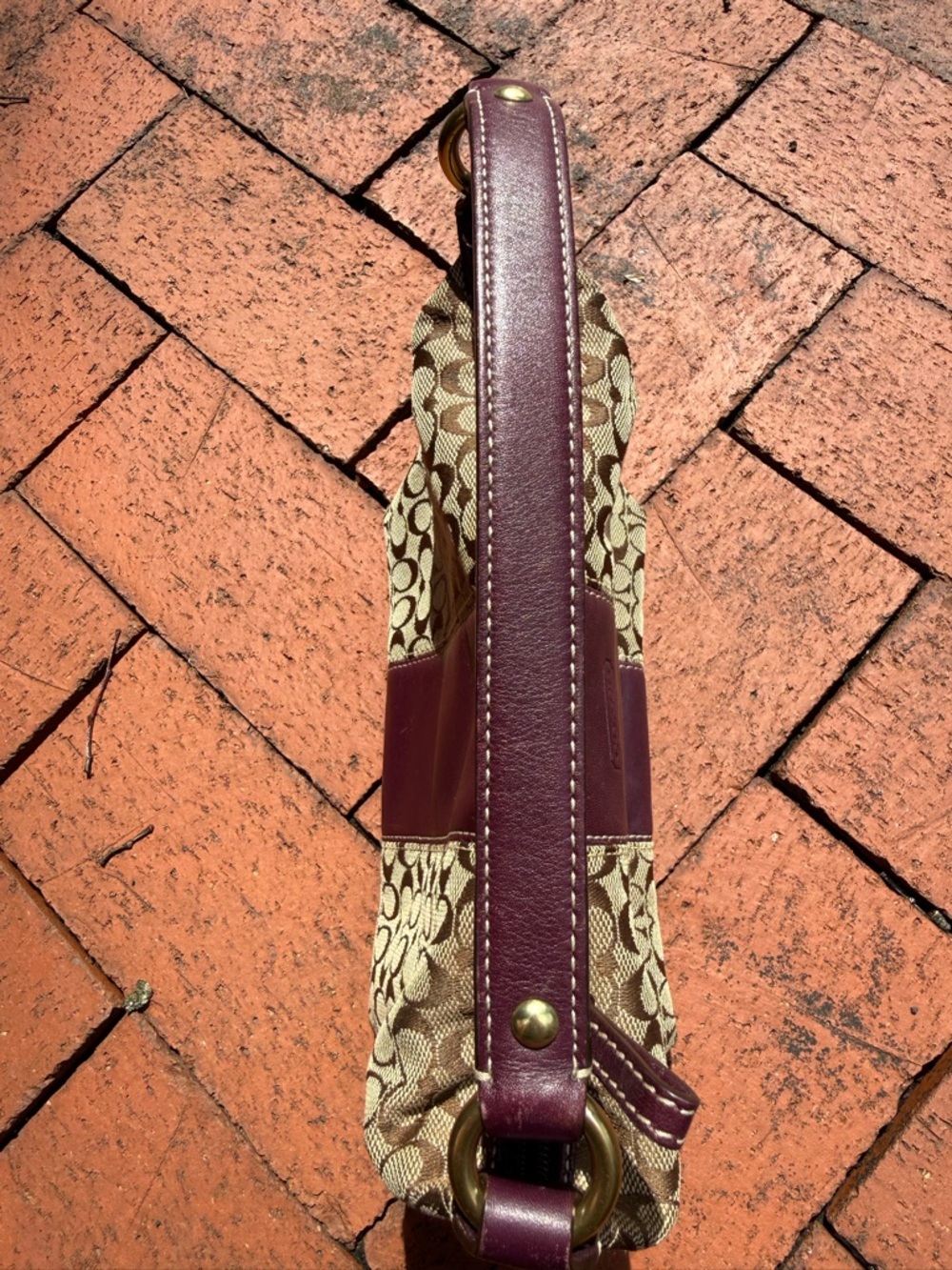 Coach Beige Signature Canvas Shoulder Bag with Plum/Burgundy Leather Panel - Picture 9 of 12